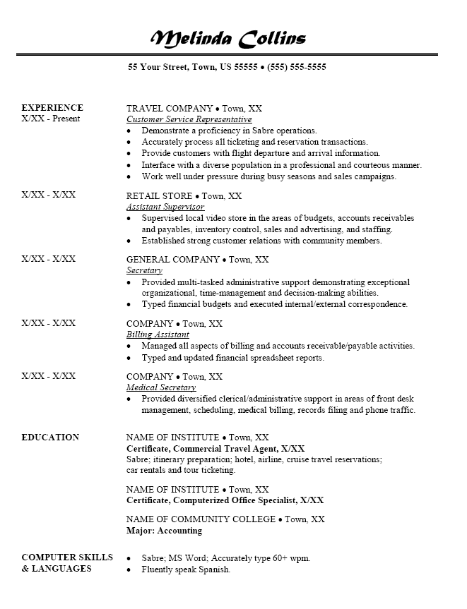 Resume for a travel consultant